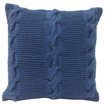 18 X 18 Inch Decorative Cable Knit Hand Woven Cotton Pillow, Set Of 2, Blue
