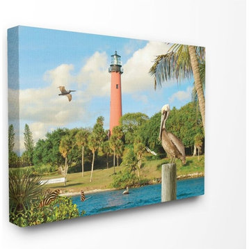 Juptier Inlet Red Lighthouse, Tropical Birds and Palm Trees, Canvas, 11"x14"