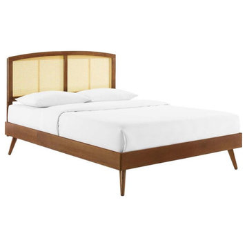 Modway Sierra Cane Rattan and Wood King Platform Bed with Splayed Legs in Walnut