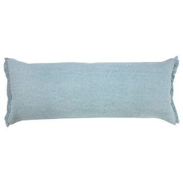 Light Blue Solid Stonewash Throw Pillow With Fringe, 14" X 36"