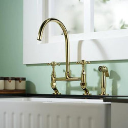All Copper Retro Bridge Style Kitchen Hot And Cold Faucets, Dual Hole Rotatable Sink, Water Hose With Spray Gun FP0418 - Kitchen Faucets