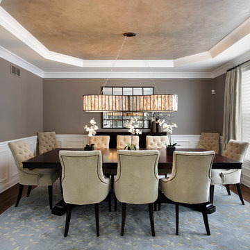 Custom Faux Finish Ceiling with Glass, Oval Chandelier and Tufted Chairs