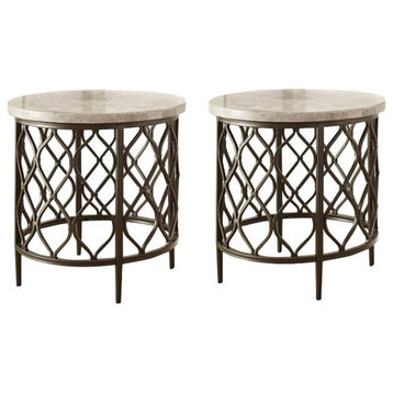 Home Square 2 Piece Metal Base End Table Set with Stone Top in Bronze