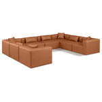 Meridian Furniture - Cube Upholstered Modular Sectional, Cognac, 8-Piece: 4 Armless Chair, 4 Corner Chair, Vegan Leather - Elevate your space with the luxurious Cube Vegan Leather Modular Sectional. This modular sectional exudes modern elegance, charm, and comfort making it a perfect addition to any contemporary living space. Its clean lines and cube shape are reminiscent of minimalist design, while the plush cognac vegan leather upholstery adds a touch of luxury and sophistication. The chair's versatile construction and geometric aesthetic seamlessly integrate into various design styles, from sleek living rooms to chic home offices, embodying the essence of modern design and creating a sense of order and tranquility in your space.