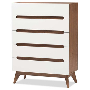 Bowery Hill Mid-Century 5-Drawer Board Wood Chest in White/Walnut