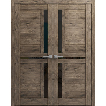 French Double Doors 72 x 96, Veregio 7588 Cognac Oak & Black Glass