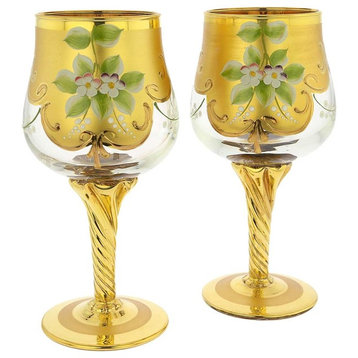 GlassOfVenice Set of Two Murano Glass Wine Glasses 24K Gold Leaf - Transparent