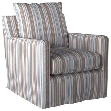 Sunset Trading Seaside Fabric Slipcovered Swivel Chair in Brown/Blue Striped