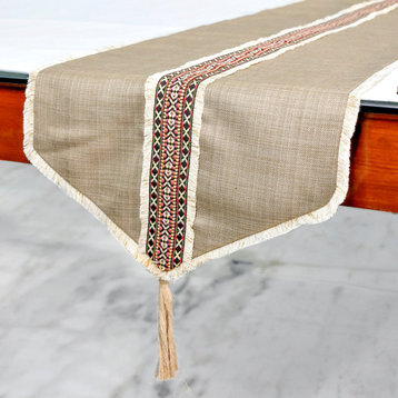 Table Runner Beige Linen & Jute 16"x90" Tribal, Moroccan, Lace & Tassel - Buchra