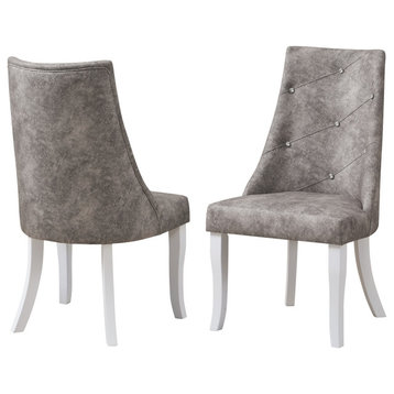 Benoit Crystal Tufted Dining Side Chairs, Gray Fabric and White Wood, Set of 2