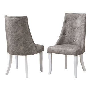 Benoit Crystal Tufted Dining Side Chairs, Gray Fabric and White Wood ...