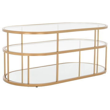 Spacious Coffee Table, Oval Design With 2 Glass Tiers & Mirrored Shelf, Gold