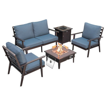 LeisureMod Walbrooke Patio Conversation Set With Fire Pit Table, Navy Blue