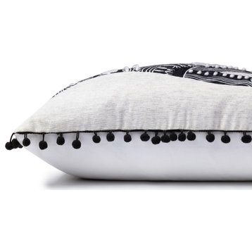 White, Black 13"x21" Hand Blocked and Embroidered Henna Painting Lumbar Pillow
