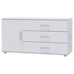 Furniture Agency - NUVOLE 3 Drawer 1 Cabinet Sideboard - This sideboard from our NUVOLE collection is a timeless solution for those who value elegance and simplicity. Made from premium quality manufactured wood, it is not only elegant but also sturdy and made to last. White color helps to create modern look when decorating any living space. This piece features three drawers with smooth metal glades and one spacious cabinet on the right side. The topcoat provides durability and protects against stains, smears, and fading. It can accommodate not only decorative accents, such as vases, statuary and framed pictires but also TVs up to 55’’.