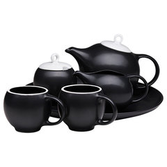 Balinese Matte Black Ceramic Tea Set with Teak Handle