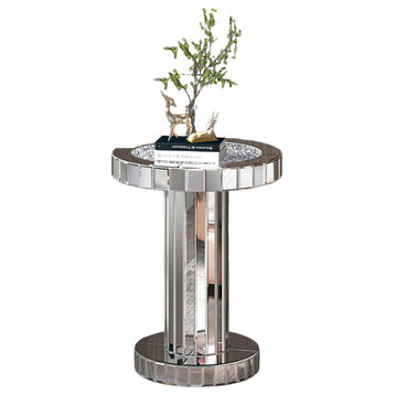 Contemporary End Table, Mosaic Mirrored Design With Crushed Faux Diamond Top