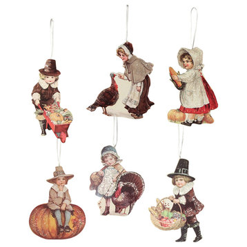 Holiday Ornament Thankgiving Child Ornaments S/6 Pilgrim Turkey Pumpkin Rl8150