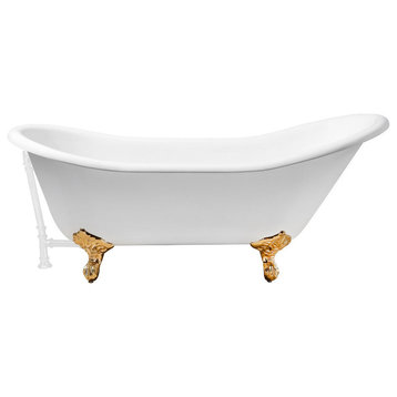 67" Cast Iron R5420GLD-WH Soaking Clawfoot Tub and Tray With External Drain