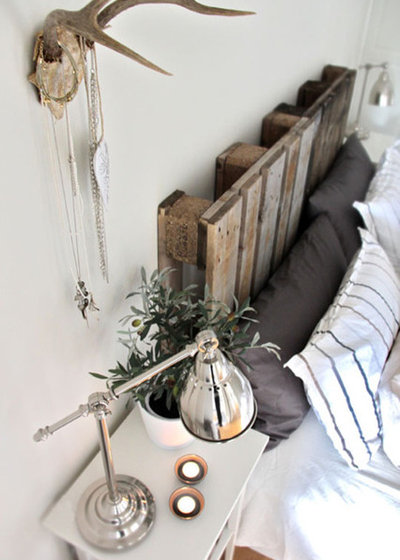 Eclectic  re-purposed materials and headboard.