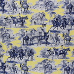 BHF - Yellow Blue Equestrian Horse Fabric Victorian Toile, Yard - An equestrian fabric. A blue Victorian horse toile fabric, with the surprise of a yellow background. This is filled with many vignettes and details. The coloring gives this pattern a fresh new look and feel.