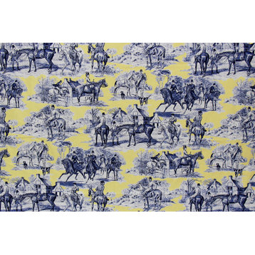 Yellow Blue Equestrian Horse Fabric Victorian Toile, Yard