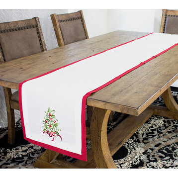 Embroidered Christmas Tree Layered Table Runner, Red+white, 16" X 96"