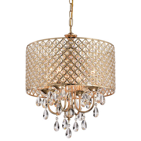 4-Light Gold Round Beaded Drum Chandelier With Hanging Crystals