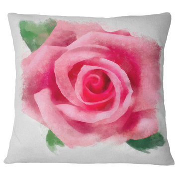 Big Pink Rose Flower With Leaves Floral Throw Pillow, 18"x18"