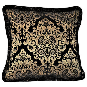 Floral Medallion Throw Pillow With Fringe, Black/Gold, 17x17