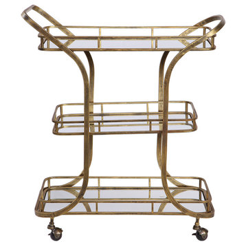 Retro Mid Century Tiered Gold Serving Bar Cart | Mirrored Shelves Rolling Wheels