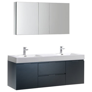 Fresca Valencia 60" Wood Bathroom Vanity with Double Sinks in Dark Slate Gray
