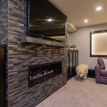 Modern Windowless Lower Level Media and Family Room Featuring "Faux Windows"