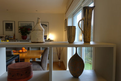This is an example of a contemporary open plan dining room in Other with light hardwood flooring.