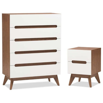 2 Piece Mid Century Modern Chest and Nightstand Set in White and Walnut