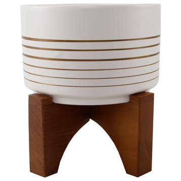 7" Ceramic Lines On Wood Stand, White/Gold