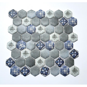 Glass Mosaic Tile Sheet Inverno Hexagon 1.5" Gray And White