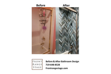 Example of a mid-sized trendy 3/4 blue tile and ceramic tile double-sink bathroom design in Denver with shaker cabinets, white cabinets, quartz countertops, white countertops and a built-in vanity