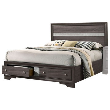 Benzara BM207367 Queen Bed with Plank Headboard and 2 Drawers, Brown and Silver