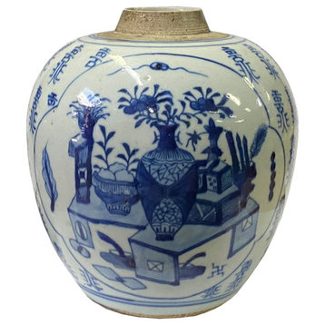 Oriental Handpainted Flower Vase Small Blue White Porcelain Ginger Jar Aws2323