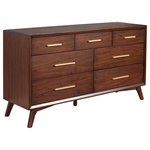 Alpine Furniture - Alpine Furniture Gramercy 7 Drawer Wood Dresser in Walnut (Brown) - The streamlined design of the Gramercy mid-century 7 drawer dresser creates a stunning focal point in your space. The clean lines, and angled legs combine to form a signature look to this classic piece. The Gramercy collection pieces are structurally sound and constructed with Mahogany wood solids & veneer in a classic Walnut finish. The Gramercy collection hints at subtle refinement, without overpowering your current decor. Drawers feature English Dovetail Drawer Construction, felt lined top drawer to protect your valuables as well as metal ball bearing drawer glides  The pieces in the Alpine Furniture Gramercy collection fluidly fits in with a variety of aesthetics and color schemes to compliment your bedroom setting.  Coordinate with other pieces from the Gramercy bedroom collection.