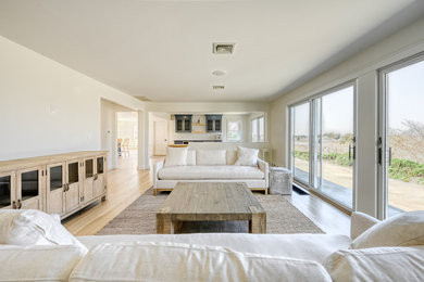 Beach style light wood floor and beige floor living room photo in Boston with white walls and a media wall