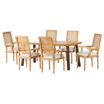 Marten Farmhouse Fabric Upholstered Wood and Cane 7 Piece Dining Set, Beige + Natural + Rustic Metal + Natural Stained