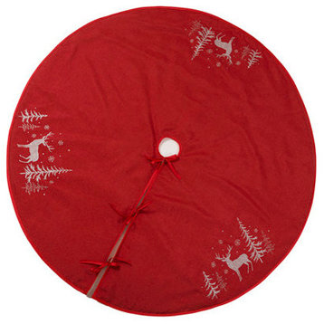 Deer In Snowing Forest 56-Inch Round Christmas Tree Skirt, Red