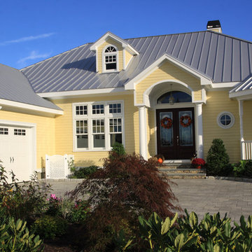 Westerly residential landscape front mounded planting and foundation entrance