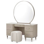 AICO/Michael Amini - AICO Michael Amini Kathy Ireland Eclipse 3-Piece Vanity Desk With Stool - Convenient, elegant, and modern. The Eclipse Vanity features a brushed stainless steel frame with 3-way LED lighting, plenty of drawer space, and a beautiful wood finish. Fall in love with the essence of modern style and let your beauty shine!