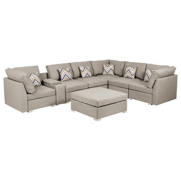 Amira Beige Fabric Reversible Sectional Sofa with USB Storage Console Cupholders