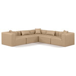 Meridian Furniture - Cube Upholstered Modular Sectional, Tan, 5-Piece: 2 Armless Chair, 3 Corner Chair, Vegan Leather - Elevate your space with the luxurious Cube Vegan Leather Modular Sectional. This modular sectional exudes modern elegance, charm, and comfort making it a perfect addition to any contemporary living space. Its clean lines and cube shape are reminiscent of minimalist design, while the plush tan vegan leather upholstery adds a touch of luxury and sophistication. The chair's versatile construction and geometric aesthetic seamlessly integrate into various design styles, from sleek living rooms to chic home offices, embodying the essence of modern design and creating a sense of order and tranquility in your space.