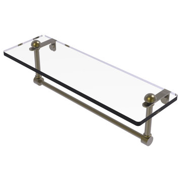 16" Glass Vanity Shelf with Integrated Towel Bar, Antique Brass