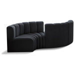 Meridian Furniture - Arc Velvet Upholstered 4-Pc. Facing Modular Sectional, Black - Give your living room or den the perfect blend of style and versatility with this Arc velvet fabric curved modular Sectional. Part of the Arc modular furniture collection, this Sectional comes upholstered in rich black velvet fabric and features deep channel tufting that adds a touch of luxury while enhancing comfort and support. A seamless combination of form and function, this chair can be used with other Arc pieces to create a myriad of configurations in your well-curated room.
